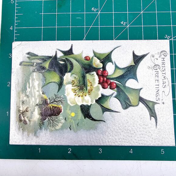 1909 Antique Vintage Christmas Greetings Holly Embossed Post Card Posted - Picture 3 of 4